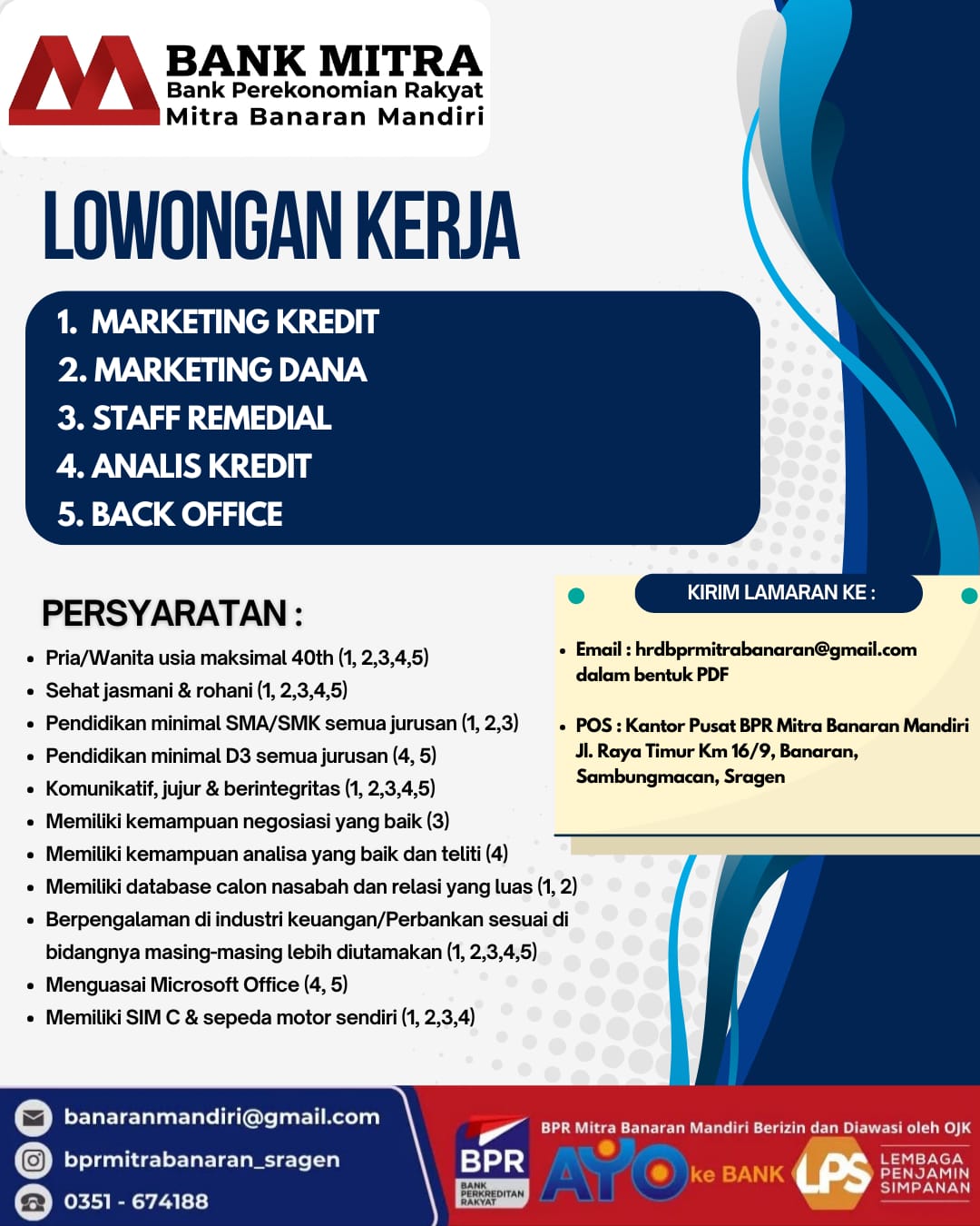 Lowongan Kerja BPR Mitra Banaran Mandiri